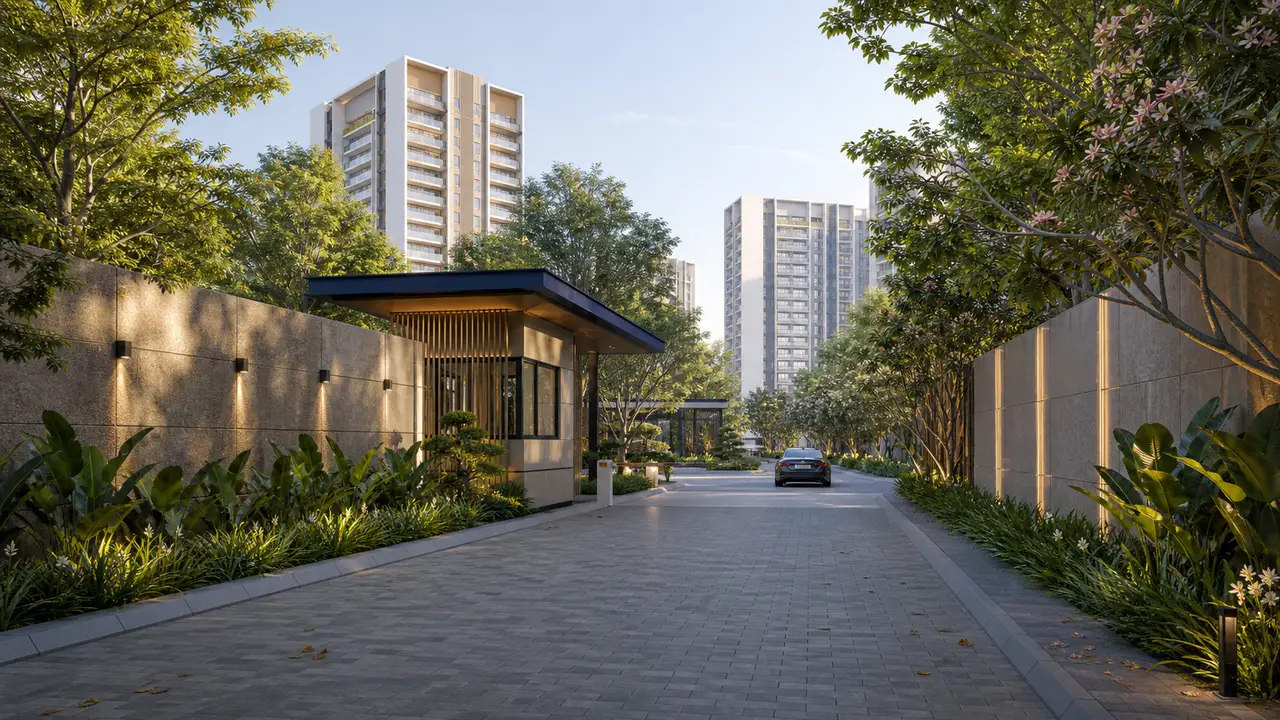 SNN Kudlu contemporary residential arrival court framed by stone walls and tropical planting