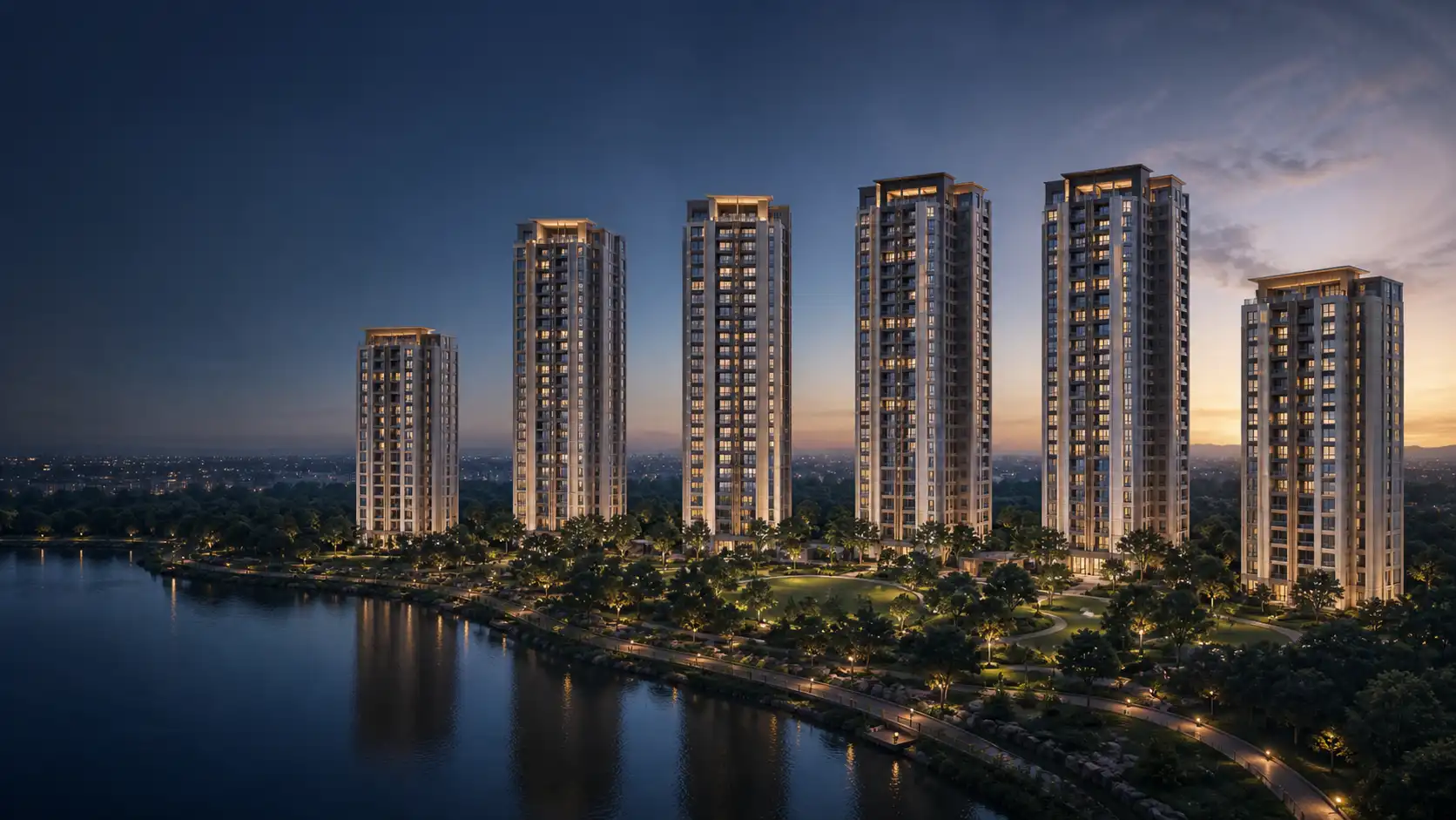 Six contemporary residential towers rising behind layered gardens